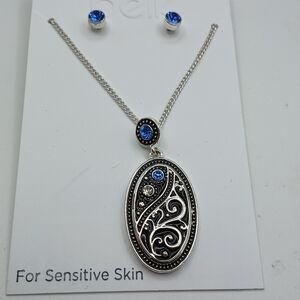 Belk's Necklace & Earring Set Silver With Blue & Clear Crystals NWT